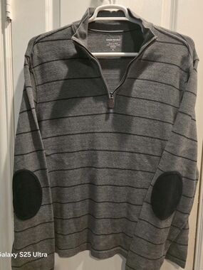 Banana Republic Gray Striped Quarter-Zip Sweater with Black Elbow Patches